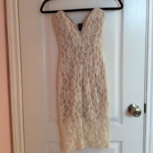 Tan deep v cut strapless lace dress